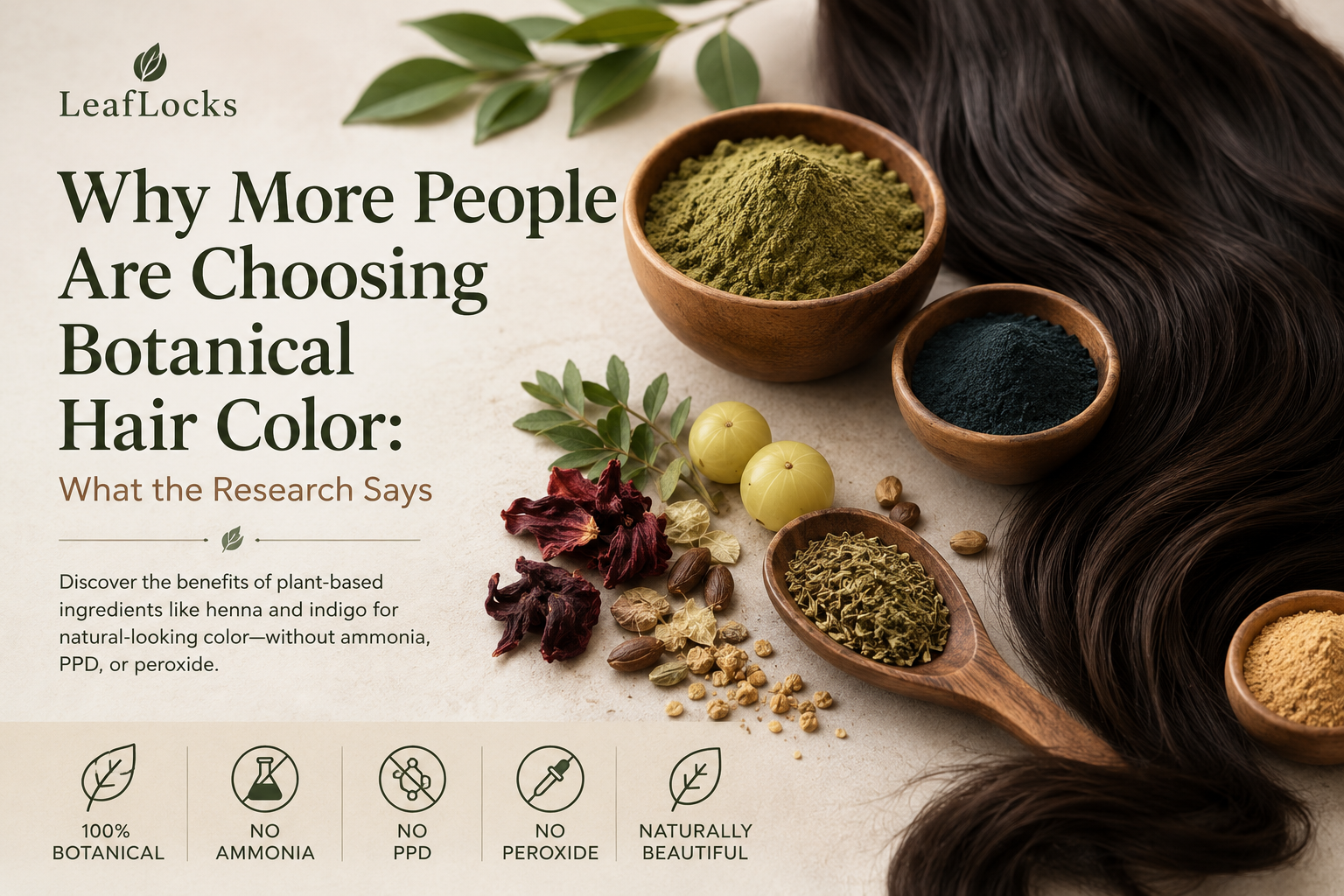 Botanical hair color ingredients including henna and indigo with healthy dark hair, illustrating the benefits of natural plant-based hair color.