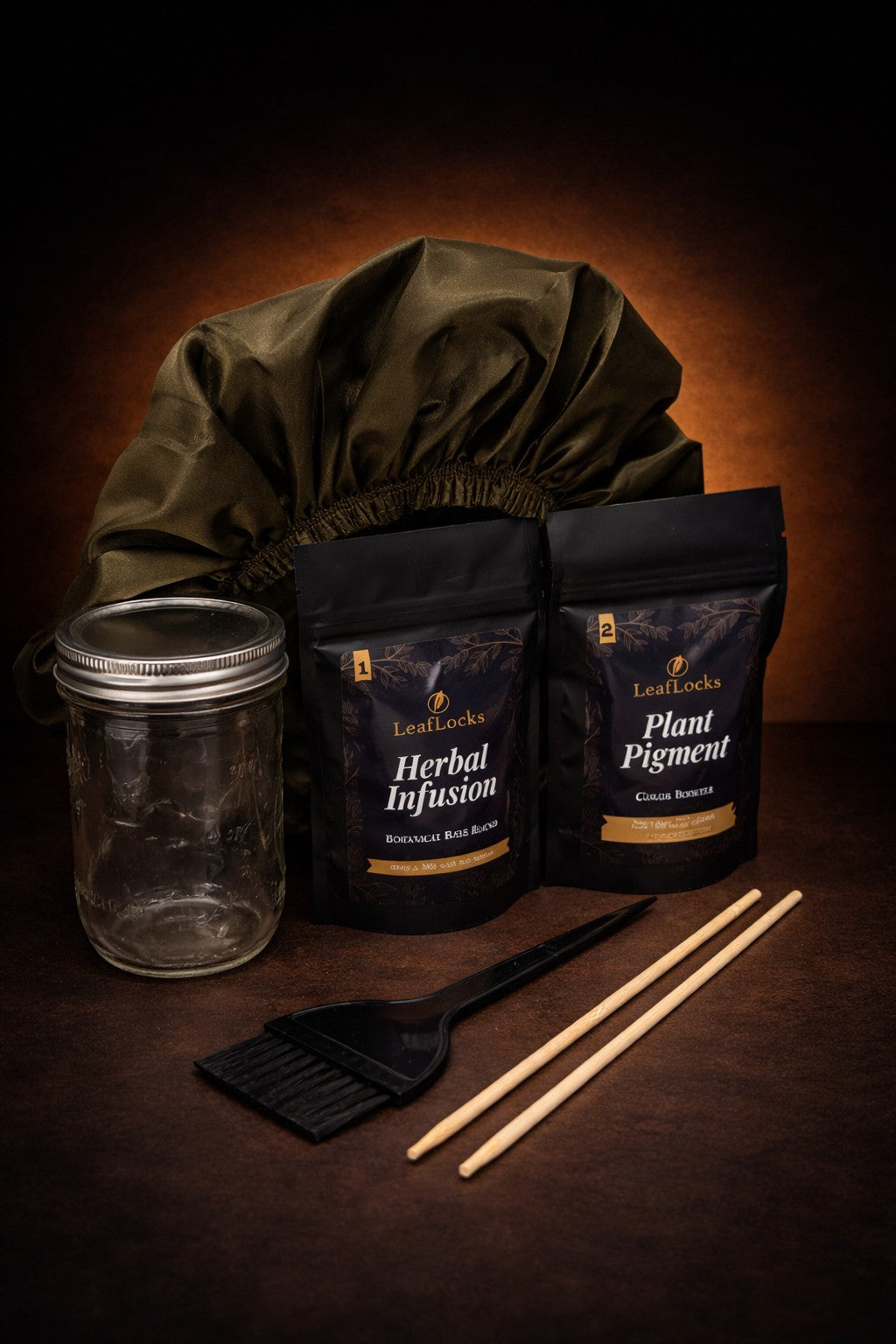 Set of items including a jar, bags labeled 'Herbal Infusion' and 'Plant Pigment', a spatula, and wooden sticks on a dark background.
