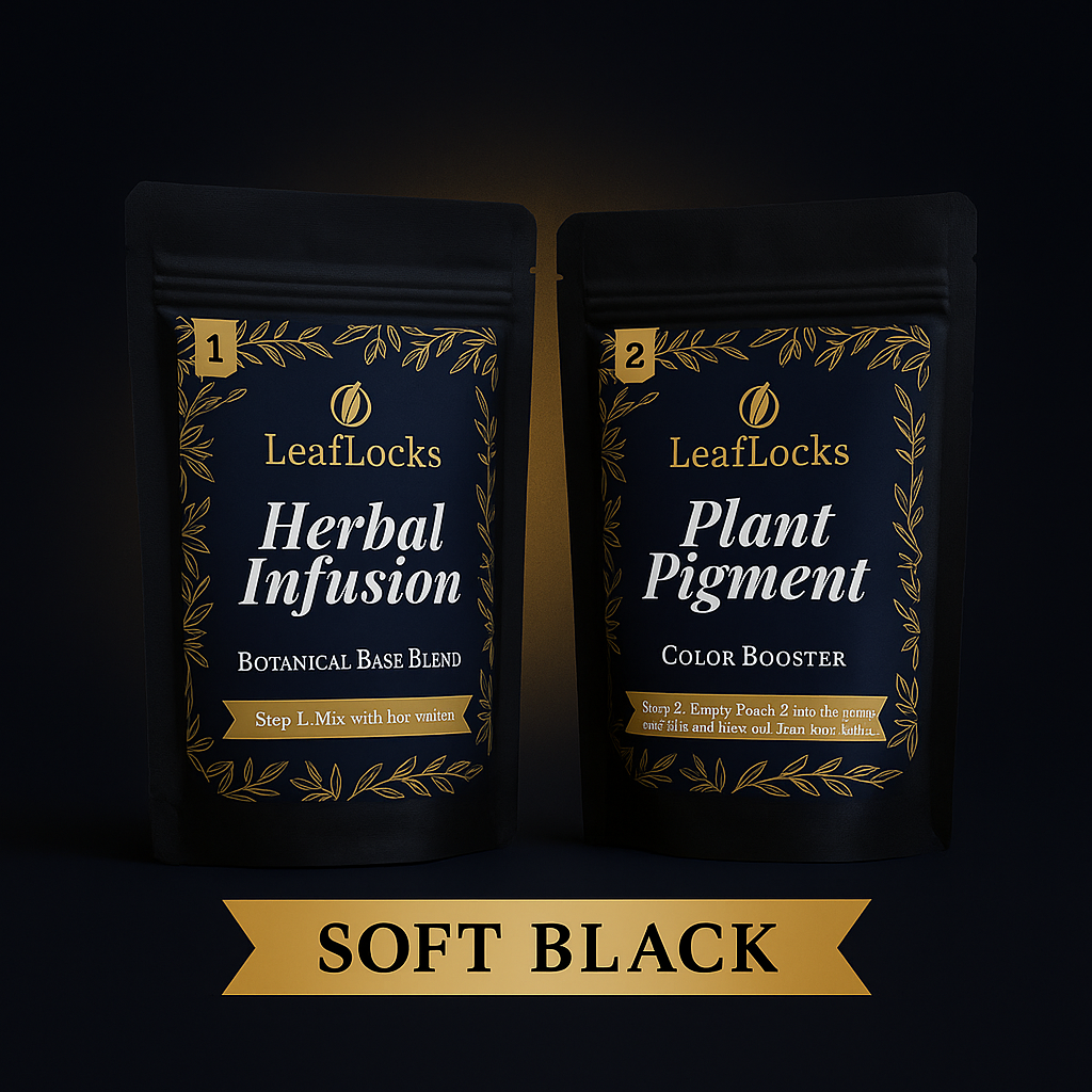 Two LeafLocks product packages labeled 'Herbal Infusion' and 'Plant Pigment' on a dark background with 'Soft Black' label.